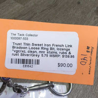 Thin Sweet Iron French Link Bradoon Loose Ring Bit, lozenge *vgc/xc, clean, mnr stains, rubs & rust

