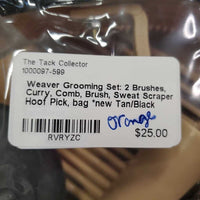 Grooming Set: 2 Brushes, Curry, Comb, Brush, Sweat Scraper, Hoof Pick, bag *new
