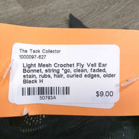 Light Mesh Crochet Fly Veil Ear Bonnet, string *gc, clean, faded, stain, rubs, hair, curled edges, older
