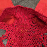 Crochet Fly Veil Ear Bonnet, string, Fringe *gc, clean, older, mnr stains, v.big ears, faded? ears
