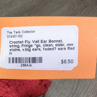 Crochet Fly Veil Ear Bonnet, string, Fringe *gc, clean, older, mnr stains, v.big ears, faded? ears
