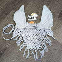 Crochet Fly Veil Ear Bonnet, string, Fringe *gc, clean, older, mnr stains, v.big ears, stiff
