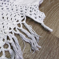 Crochet Fly Veil Ear Bonnet, string, Fringe *gc, clean, older, mnr stains, v.big ears, stiff
