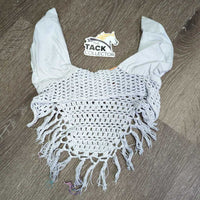 Crochet Fly Veil Ear Bonnet, string, Fringe *gc, clean, older, mnr stains, v.big ears, stiff

