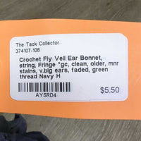 Crochet Fly Veil Ear Bonnet, string, Fringe *gc, clean, older, mnr stains, v.big ears, faded, green thread
