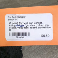 Crochet Fly Veil Ear Bonnet, string *gc, clean, older, mnr stains, v.big ears, faded
