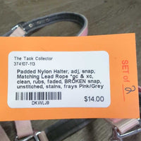 Padded Nylon Halter, adj, snap, Matching Lead Rope *gc & xc, clean, rubs, faded, BROKEN snap, unstitched, stains, frays
