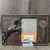 Hvy Ceramic "Wood" Jumping Horse & Ribbon Picture Frame *gc/fair, dirty, stains, mnr hair, rubs, separated back cover, peeled back edges & legs
