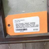 Hvy Ceramic "Wood" Jumping Horse & Ribbon Picture Frame *gc/fair, dirty, stains, mnr hair, rubs, separated back cover, peeled back edges & legs
