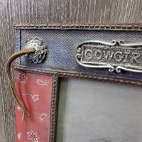 "Cowgirl" Ceramic 5x7" Picture Frame. leather laces *vgc, mnr dust, scratches
