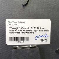 "Cowgirl" Ceramic 5x7" Picture Frame. leather laces *vgc, mnr dust, scratches
