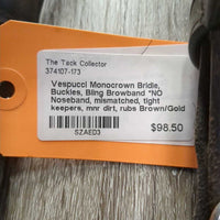 Monocrown Bridle, Buckles, Bling Browband *NO Noseband, mismatched, tight keepers, mnr dirt, rubs
