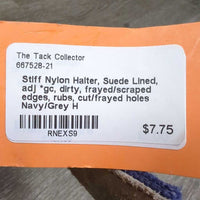 Stiff Nylon Halter, Suede Lined, adj *gc, dirty, frayed/scraped edges, rubs, cut/frayed holes
