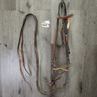Narrow Headstall, Split Reins, Copper Curb Bit, Chin Strap *gc/fair, clean, dry, stiff, mnr dirt?stained spots, cracks, rust, tied rein
