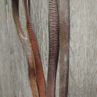 Narrow Headstall, Split Reins, Copper Curb Bit, Chin Strap *gc/fair, clean, dry, stiff, mnr dirt?stained spots, cracks, rust, tied rein
