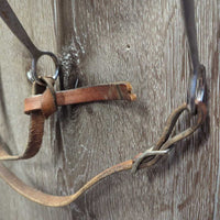 Narrow Headstall, Split Reins, Copper Curb Bit, Chin Strap *gc/fair, clean, dry, stiff, mnr dirt?stained spots, cracks, rust, tied rein
