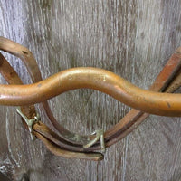 Narrow Headstall, Split Reins, Copper Curb Bit, Chin Strap *gc/fair, clean, dry, stiff, mnr dirt?stained spots, cracks, rust, tied rein

