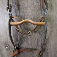 Narrow Headstall, Split Reins, Copper Curb Bit, Chin Strap *gc/fair, clean, dry, stiff, mnr dirt?stained spots, cracks, rust, tied rein
