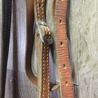 Narrow Headstall, Split Reins, Copper Curb Bit, Chin Strap *gc/fair, clean, dry, stiff, mnr dirt?stained spots, cracks, rust, tied rein
