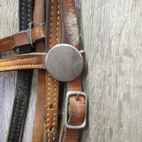 Narrow Headstall, Split Reins, Copper Curb Bit, Chin Strap *gc/fair, clean, dry, stiff, mnr dirt?stained spots, cracks, rust, tied rein
