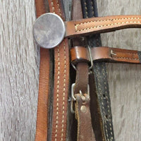 Narrow Headstall, Split Reins, Copper Curb Bit, Chin Strap *gc/fair, clean, dry, stiff, mnr dirt?stained spots, cracks, rust, tied rein
