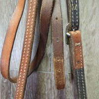 Narrow Headstall, Split Reins, Copper Curb Bit, Chin Strap *gc/fair, clean, dry, stiff, mnr dirt?stained spots, cracks, rust, tied rein
