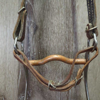 Narrow Headstall, Split Reins, Copper Curb Bit, Chin Strap *gc/fair, clean, dry, stiff, mnr dirt?stained spots, cracks, rust, tied rein
