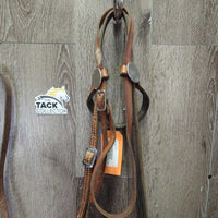Narrow Headstall, Split Reins, Copper Curb Bit, Chin Strap *gc/fair, clean, dry, stiff, mnr dirt?stained spots, cracks, rust, tied rein
