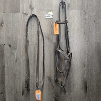 FS Rsd Figure 8 Bridle, Braided Reins *gc/fair, BROKEN Cheek, dirty, mismatched, stiff, dry, scraped edges, loose hook
