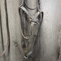 FS Rsd Figure 8 Bridle, Braided Reins *gc/fair, BROKEN Cheek, dirty, mismatched, stiff, dry, scraped edges, loose hook
