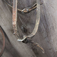 FS Rsd Figure 8 Bridle, Braided Reins *gc/fair, BROKEN Cheek, dirty, mismatched, stiff, dry, scraped edges, loose hook

