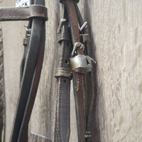 FS Rsd Figure 8 Bridle, Braided Reins *gc/fair, BROKEN Cheek, dirty, mismatched, stiff, dry, scraped edges, loose hook

