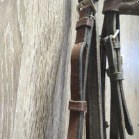 FS Rsd Figure 8 Bridle, Braided Reins *gc/fair, BROKEN Cheek, dirty, mismatched, stiff, dry, scraped edges, loose hook
