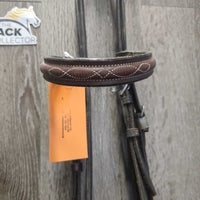FS Rsd Figure 8 Bridle, Braided Reins *gc/fair, BROKEN Cheek, dirty, mismatched, stiff, dry, scraped edges, loose hook
