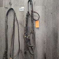 FS Rsd Figure 8 Bridle, Braided Reins *gc/fair, BROKEN Cheek, dirty, mismatched, stiff, dry, scraped edges, loose hook
