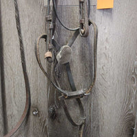 FS Rsd Figure 8 Bridle, Braided Reins *gc/fair, BROKEN Cheek, dirty, mismatched, stiff, dry, scraped edges, loose hook
