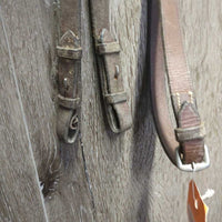 FS Rsd Figure 8 Bridle, Braided Reins *gc/fair, BROKEN Cheek, dirty, mismatched, stiff, dry, scraped edges, loose hook
