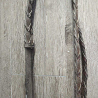 FS Rsd Figure 8 Bridle, Braided Reins *gc/fair, BROKEN Cheek, dirty, mismatched, stiff, dry, scraped edges, loose hook
