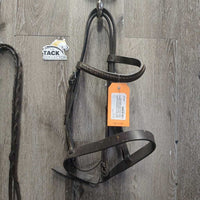 Rsd Bridle, Flat Noseband, Braided Reins *gc/fair, clean & mnr dirt, v.dry, v.stiff, mismatched, repaired cheek, loose hook, broken lace
