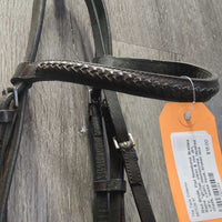 Rsd Bridle, Flat Noseband, Braided Reins *gc/fair, clean & mnr dirt, v.dry, v.stiff, mismatched, repaired cheek, loose hook, broken lace
