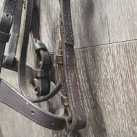 Rsd Bridle, Flat Noseband, Braided Reins *gc/fair, clean & mnr dirt, v.dry, v.stiff, mismatched, repaired cheek, loose hook, broken lace
