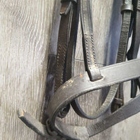 Rsd Bridle, Flat Noseband, Braided Reins *gc/fair, clean & mnr dirt, v.dry, v.stiff, mismatched, repaired cheek, loose hook, broken lace
