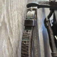 Rsd Bridle, Flat Noseband, Braided Reins *gc/fair, clean & mnr dirt, v.dry, v.stiff, mismatched, repaired cheek, loose hook, broken lace
