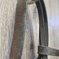 Rsd Bridle, Flat Noseband, Braided Reins *gc/fair, clean & mnr dirt, v.dry, v.stiff, mismatched, repaired cheek, loose hook, broken lace
