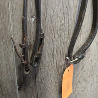 Rsd Bridle, Flat Noseband, Braided Reins *gc/fair, clean & mnr dirt, v.dry, v.stiff, mismatched, repaired cheek, loose hook, broken lace

