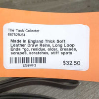Thick Soft Leather Draw Reins, Long Loop Ends *gc, residue, older, creases, scrapes, scratches, stiff spots
