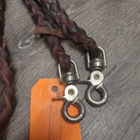 Hvy Round Braided Leather Loop Roper - Barrel Reins, 2x snaps *vgc/xc, mnr loose ends, uneven braids, clean, mnr film

