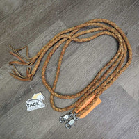 2 Thick Leather Round Braided Split Reins, 2 snaps *gc/vgc, clean, stains, film, residue
