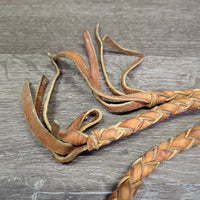 2 Thick Leather Round Braided Split Reins, 2 snaps *gc/vgc, clean, stains, film, residue
