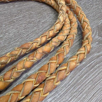 2 Thick Leather Round Braided Split Reins, 2 snaps *gc/vgc, clean, stains, film, residue
